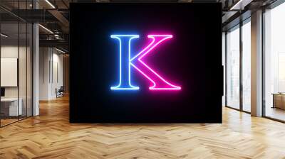 Glowing neon capital letter alphabet K. Purple and blue neon font letter 