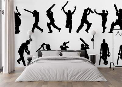 Cricket silhouette set. Collection of cricket player on isolated on isolated white background.  Wall mural