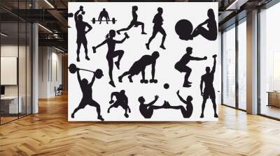 Gym and fitness silhouette collection. Set of fitness people doing fitness and gym activities.  Wall mural