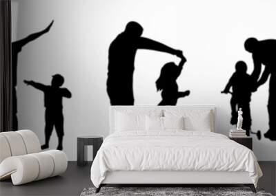 Silhouette of father, son, mother and daughter. 
Collection of happy children playing with parents.  Wall mural