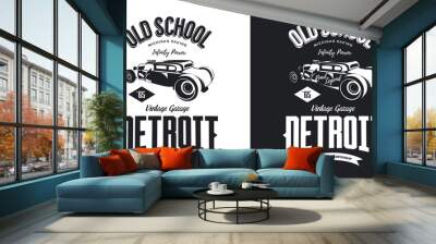 Vintage hot rod vehicle black and white isolated vector logo. 
Premium quality old sport car logotype t-shirt emblem illustration. Detroit, Michigan street wear hipster retro tee print design. Wall mural