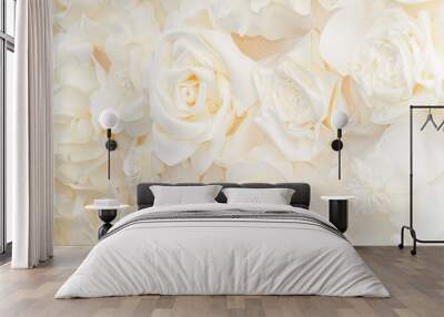 Artificial white rose buds for background and design. White floral background Wall mural