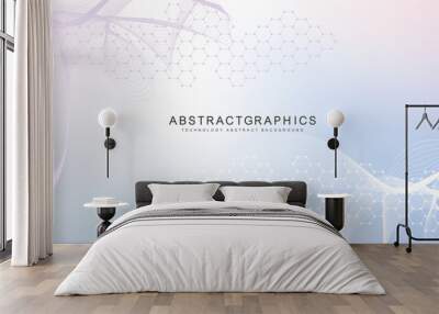 Modern scientific background with hexagons, lines and dots. Wave flow abstract background. Molecular structure for medical, technology, chemistry, science. Vector illustration Wall mural