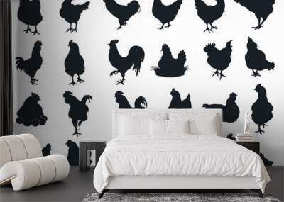 Set of silhouettes of village chickens and roosters Wall mural