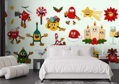 Big set of comic characters in retro cartoon style. Cute comic gloved hands characters in cartoon 1930s style. Doodle Comic characters for holiday of the new year and christmas. Wall mural