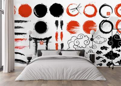 big set of japanese brushes and other design elements implemented in ink style. hand-drawn with ink  Wall mural