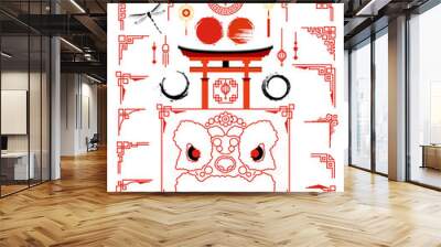 Big set with traditional asian frame for cards and picture frame. Grunge ink circle set in Japanese style and design elements. Chinese lion and japanese Torii gate. Wall mural