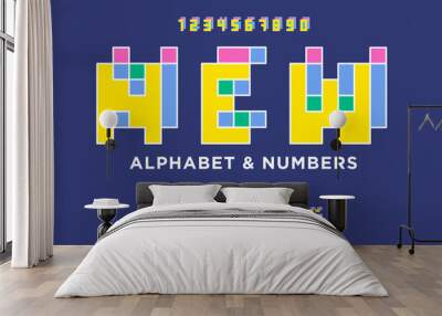 Colorful flat pixel alphabet, stained glass font, mosaic. Retro pixel font. Letters and numbers in the style of 80s, 90s. Flat digital pixel style. Vector illustration. Wall mural