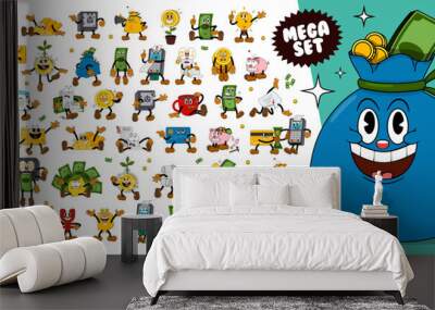 Mega Set of comic characters in retro cartoon style. Cute comic gloved hands characters in cartoon 1930s style. Collection of comic characters on a business theme in retro cartoon style Wall mural