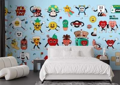 Mega set retro cartoon stickers with funny comic characters, gloved hands. Contemporary illustration with cute comic book characters. Hand drawn doodle comic characters. Contemporary cartoon style set Wall mural