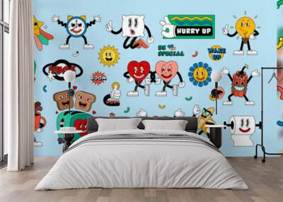 Mega set retro cartoon stickers with funny comic characters, gloved hands. Contemporary illustration with cute comic book characters. Hand drawn doodle comic characters. Contemporary cartoon style set Wall mural