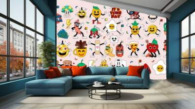 mega set retro cartoon stickers with funny comic characters, gloved hands. contemporary illustration Wall mural