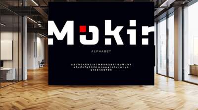 Minimal creative modern alphabet font. Fashion minimalistic font with square inserts. Vector modern digital sans serif font, uppercase and lowercase symbols. Wall mural