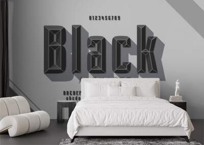 Original black retro font with facets, bold 3d alphabet set with letters and numbers. Wall mural