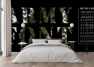 Set of army alphabets in 3 colors. Set of letter and numbers with camouflage background. Camouflage military stencil font isolated on black background. Vector illustration Wall mural