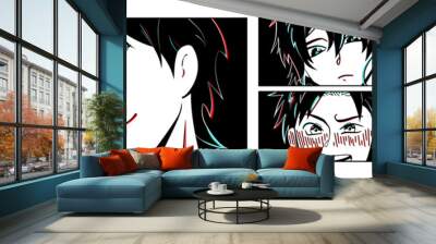 Set of  close up faces anime young mans. Manga style characters with Glitch effect. Cartoon face Wall mural