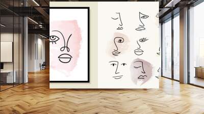 Set of various abstract hand drawn faces on watercolor background. Modern one line drawing collection with woman and man faces on watercolor shapes. Portrait in minimalist style. Wall mural