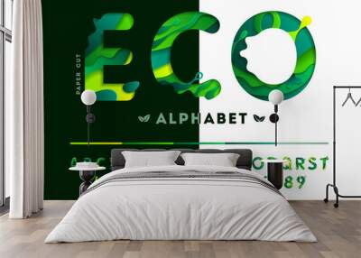 Stylish eco alphabet from colorful carved paper cut elements shapes. Vector illustration Wall mural