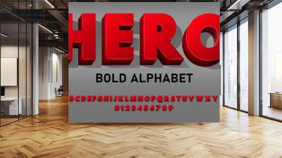 Stylized red vector bold font. Set of bold red symbols and numbers alphabet. Vector volumetric font with flat shadow. Wall mural