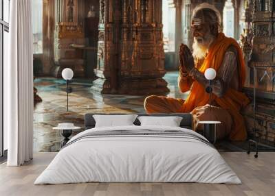 a hindu old man doing prayers in a temple Wall mural