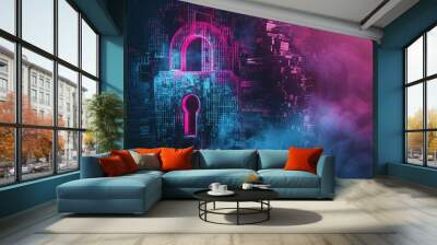 a massive lock enveloped by binary digits and encryption algorithms, safeguarding data Wall mural