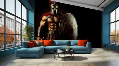 A spartan warrior in armor with shield and sword, antique Greek military, muscular ancient soldier Wall mural