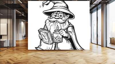 cute wizard taking medication, drawn in monochrome with clear, thick lines for a preschool coloring book, simple cartoon style, isolated on a white background Wall mural