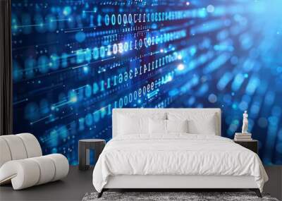 Digital blue space of binary glowing data numbers on computer screen background Wall mural