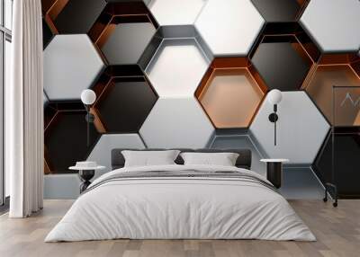 Geometric white black hexagon background seamless, in the style of fluid networks, blurry details, technological design, flat surfaces Wall mural