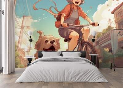 girl riding a bicycle and small dog running after it, fun and active anime cartoon style Wall mural