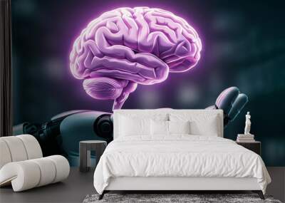 Glowing purple human brain in a robot hand. Artificial intelligence and neural network tech concept Wall mural