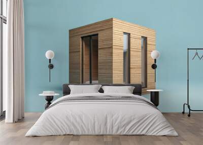 House cube with wooden elements. The house design idea is simple but modern and futuristic. Wall mural