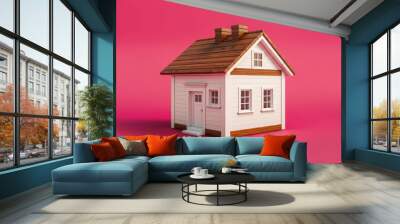 House cube with wooden elements. The house design idea is simple but modern and futuristic. Wall mural