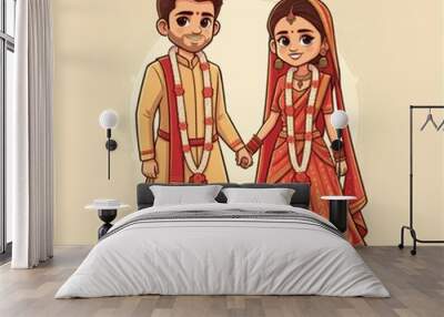 Indian Hindu wedding bride and groom clip art for Indian wedding invitation card background illustration Wall mural