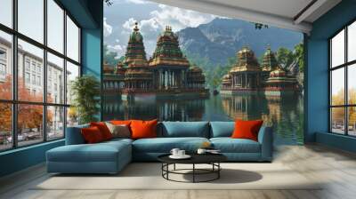 Lake with South indian Hindu Temple Wall mural