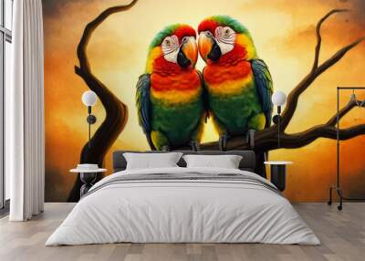 loving couple of cute parrots on a tree branch in watercolor illustration style Wall mural