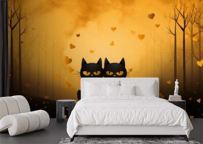 thankful black cats with heart hands emoji on a golden forest Wall mural