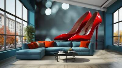 Pair of red high-heeled shoes on shiny dark background Wall mural