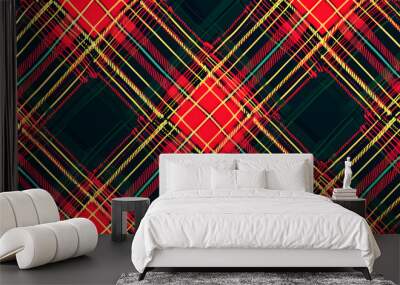 a diagonal plaid pattern with vibrant red and subtle gold stripes over a dark teal backdrop, perfect Wall mural