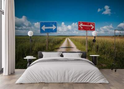 Two opposite arrows on signs stand on a dirt road in a field, symbolizing the path ahead. Wall mural