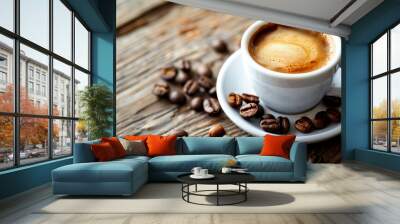 Coffee Cup with beans on table. Wall mural