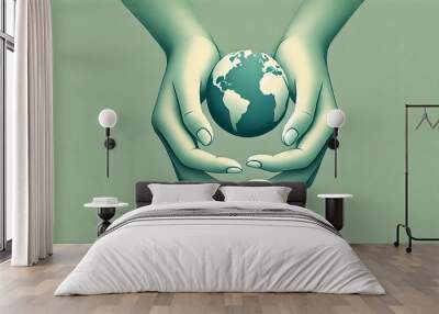 illustration featuring two hands gently cradling a small planet Earth against a soft green background Wall mural