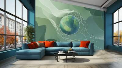 illustration featuring two hands gently cradling a small planet Earth against a soft green background Wall mural