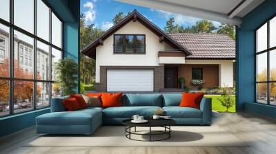 Minimalist beautiful family house with garage. Exterior design. Wall mural