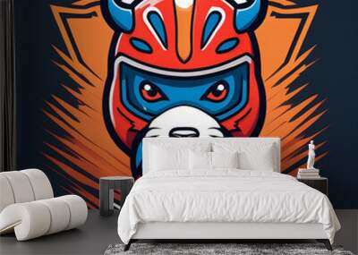 a helmet with an orange helmet and goggles with a blue background. Wall mural