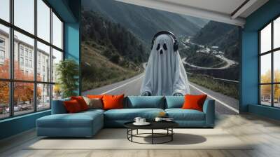 Halloween ghost on the road in the mountains. Halloween holiday concept. Wall mural