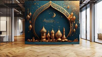 Ramadan Kareem's greeting background with Arabic lanterns and a golden crescent moon Wall mural