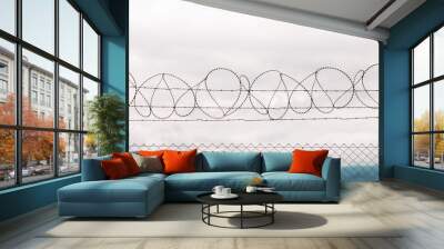 barbed wire fencing against mountains and sky background Wall mural