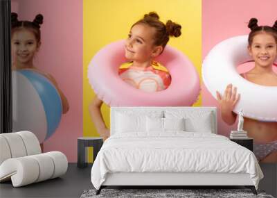 children in swimsuits, with inflatable rings, ball on color background Wall mural