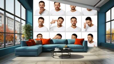 collage of portraits of handsome bearded man with different positive and negative emotions on white background Wall mural